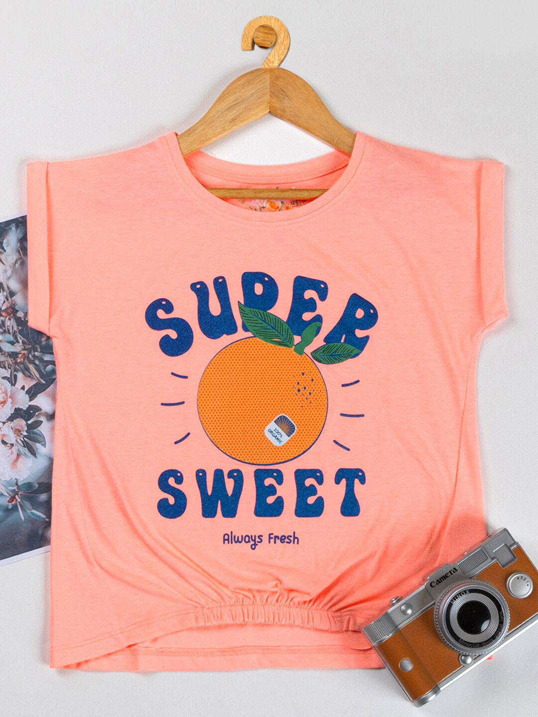 

Nins Moda Typography Printed Extended Sleeves Knitted Cotton T-Shirt, Peach