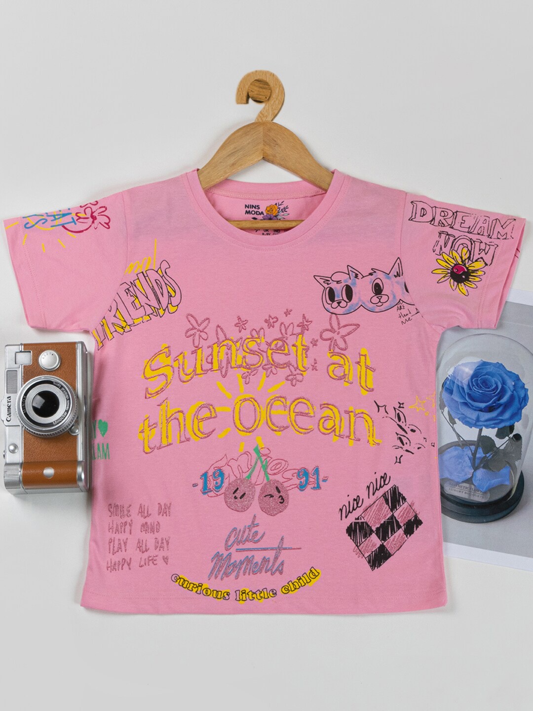 

Nins Moda Typography Printed Knitted Cotton T-Shirt, Pink