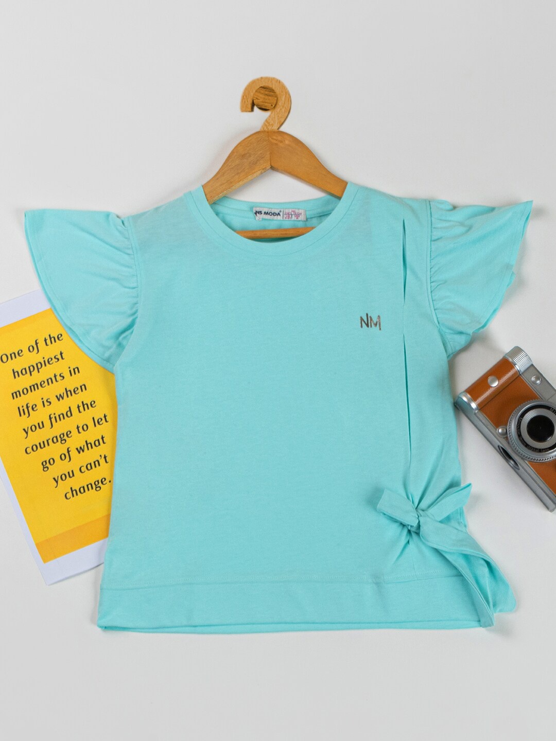

Nins Moda Flutter Sleeves Tie-Up Cotton Top, Turquoise blue