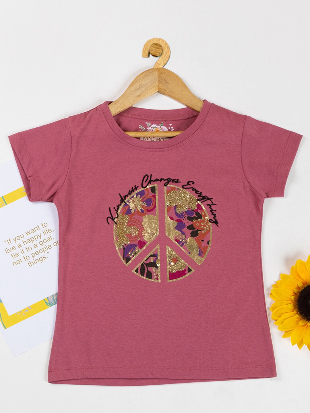 

Nins Moda Girls Graphic Printed Cotton Embellished Top, Pink