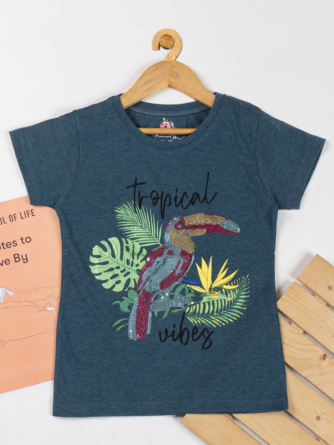 

Nins Moda Tropical Printed Embellished Cotton T-shirt, Teal