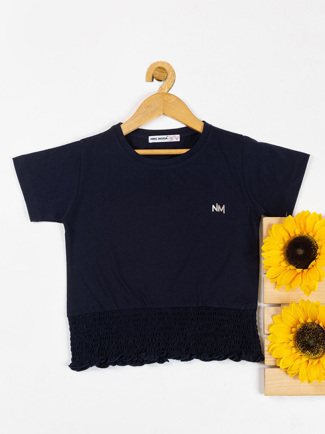 

Nins Moda Round Neck Smocked Cotton Top, Navy blue
