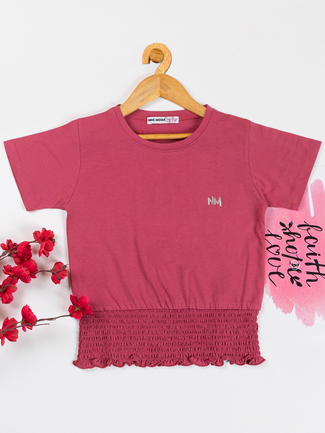 

Nins Moda Round Neck Smocked Cotton Top, Pink