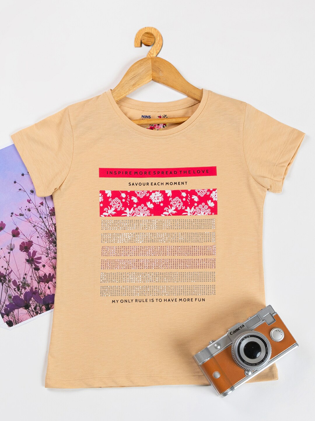 

Nins Moda Floral Printed Embellished Cotton T-shirt, Orange