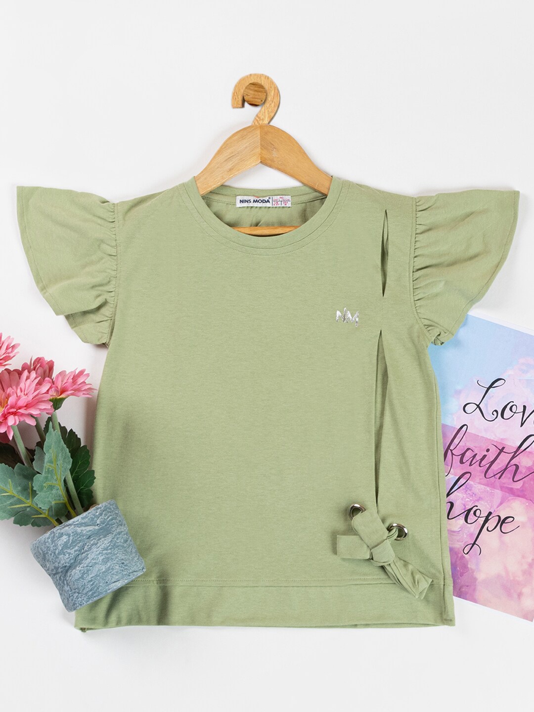 

Nins Moda Flutter Sleeves Tie-Up Cotton Top, Khaki