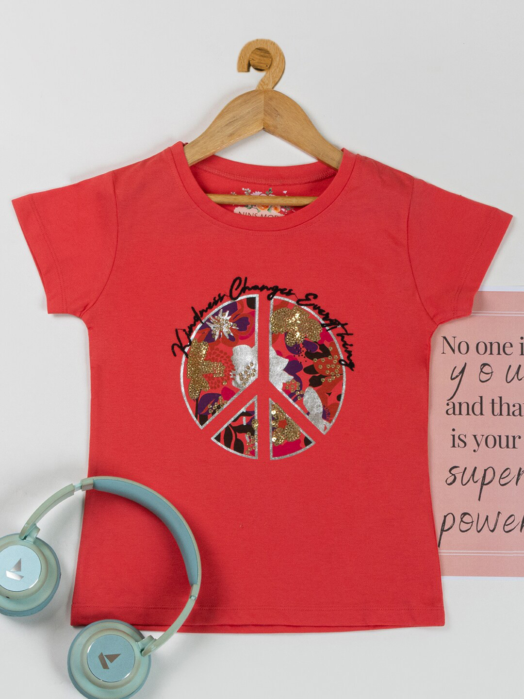 

Nins Moda Girls Graphic Printed Cotton Embellished Top, Coral
