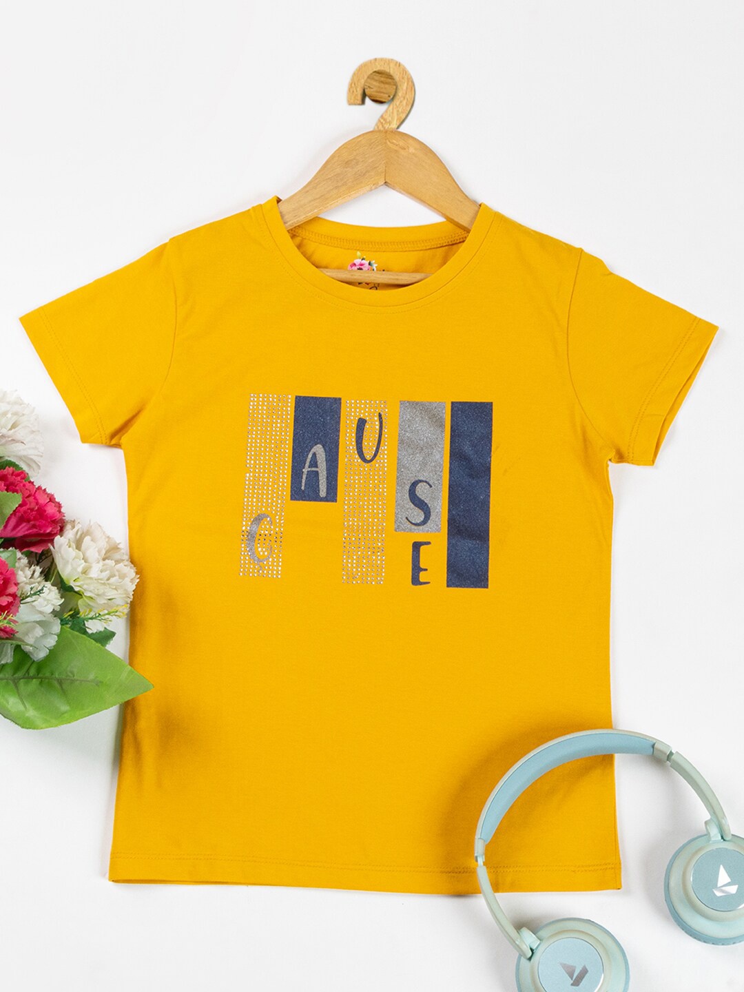 

Nins Moda Typography Printed Embellished Cotton T-shirt, Mustard