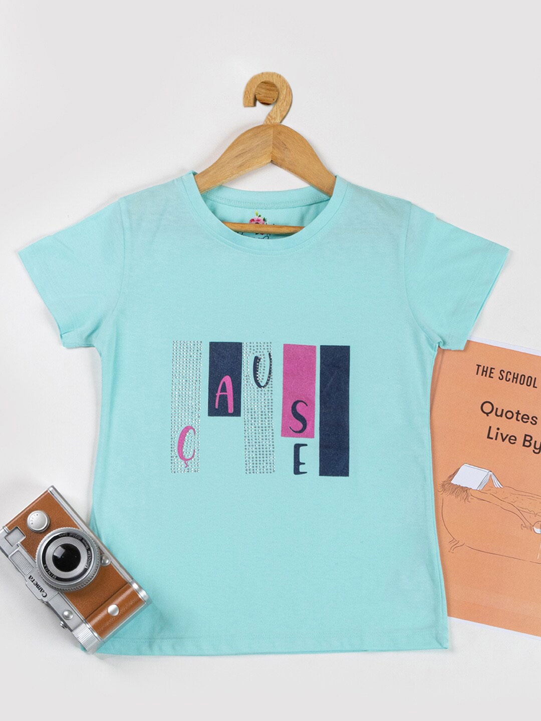 

Nins Moda Typography Printed Embellished Cotton T-shirt, Turquoise blue