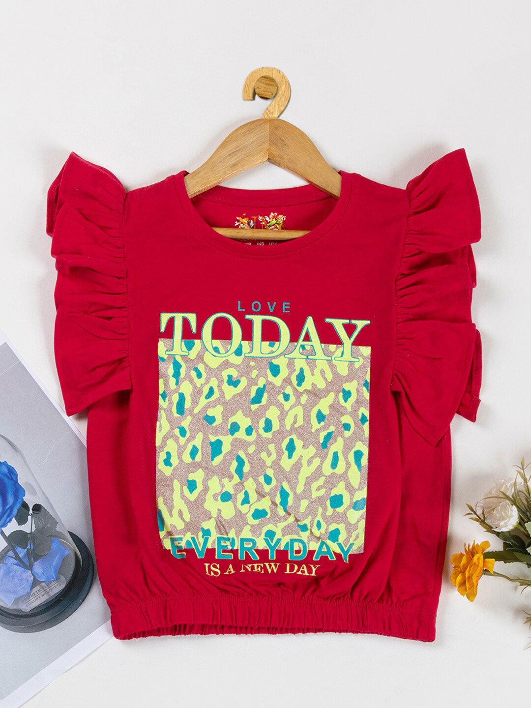 

Nins Moda Graphic Printed Flutter Sleeves Cotton Top, Red