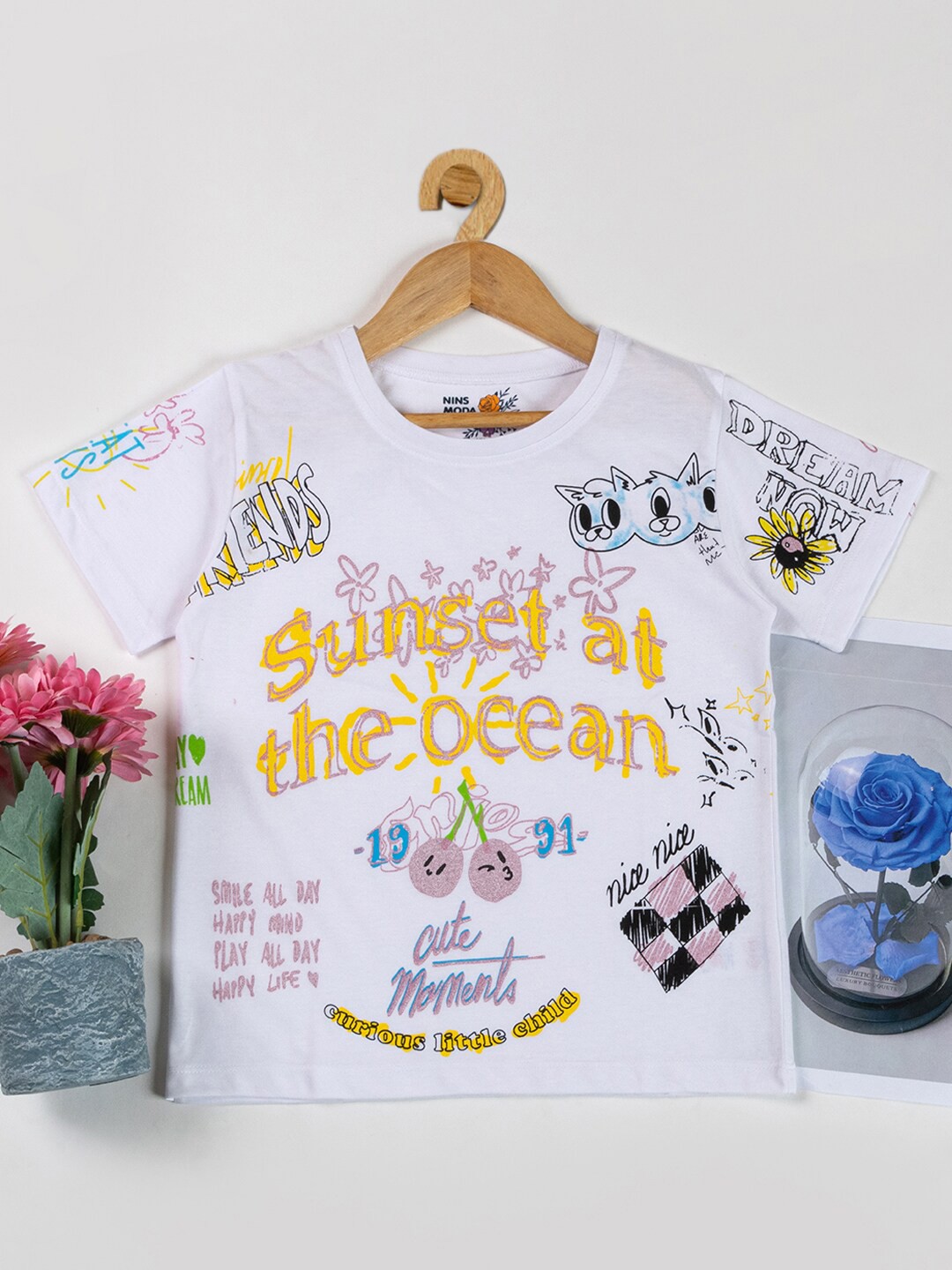 

Nins Moda Typography Printed Round Neck Cotton T-shirt, White