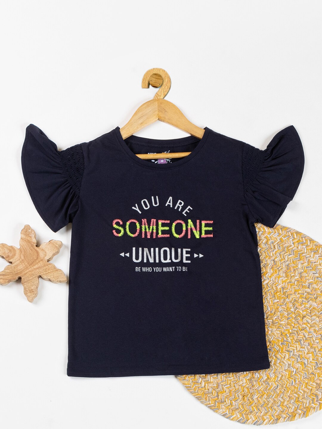 

Nins Moda Girls Typography Printed Flared Sleeves Cotton Top, Navy blue
