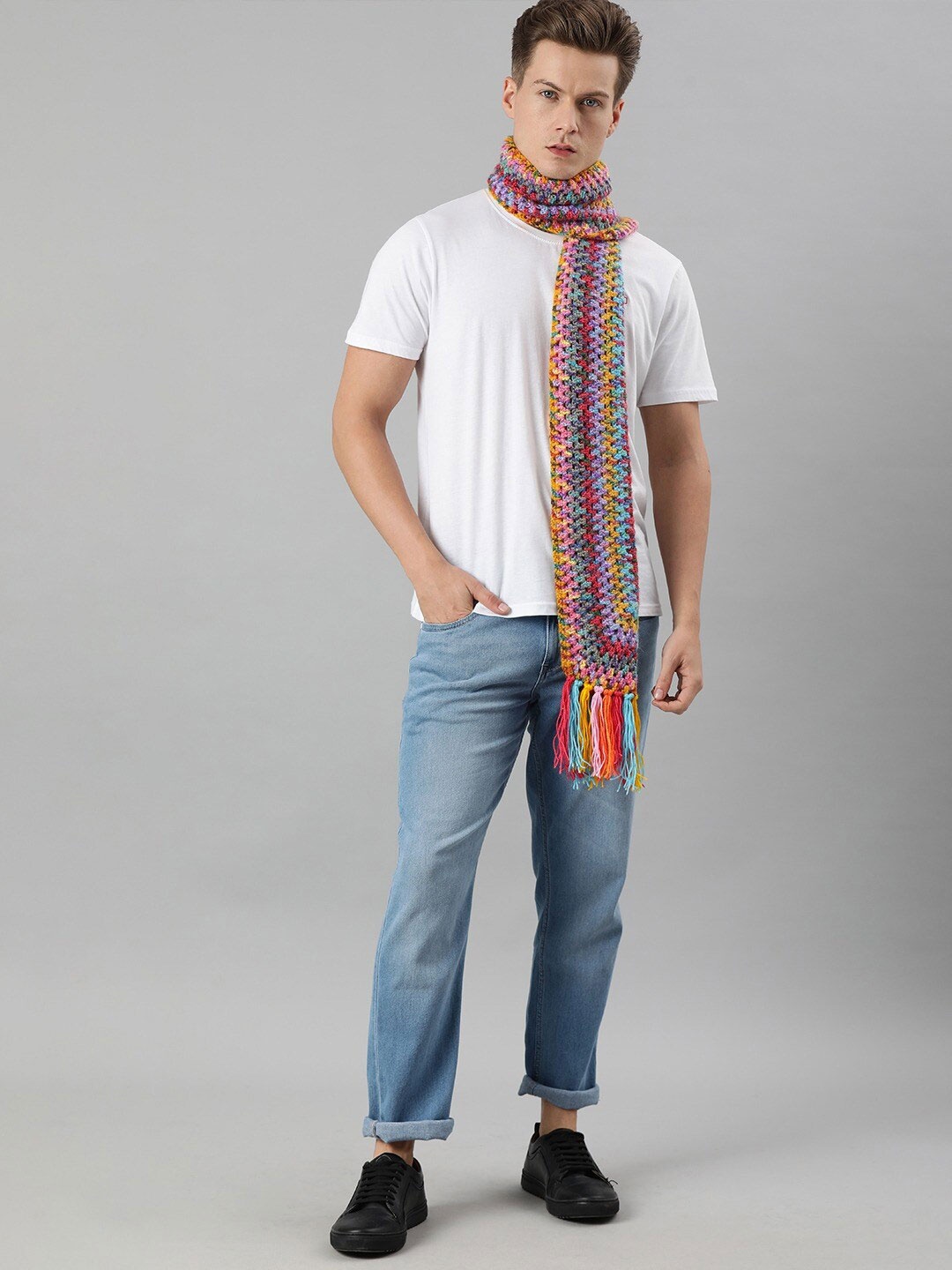 

Magic Needles Men Self Design Acrylic Scarf With Tassels, Pink