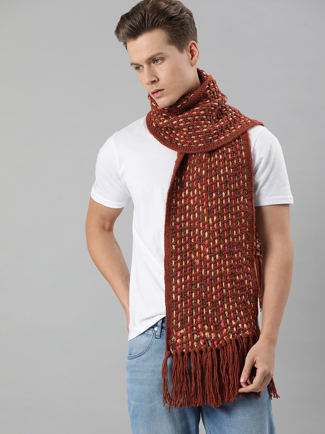 

Magic Needles Men Self Design Acrylic Scarf With Tassels, Red