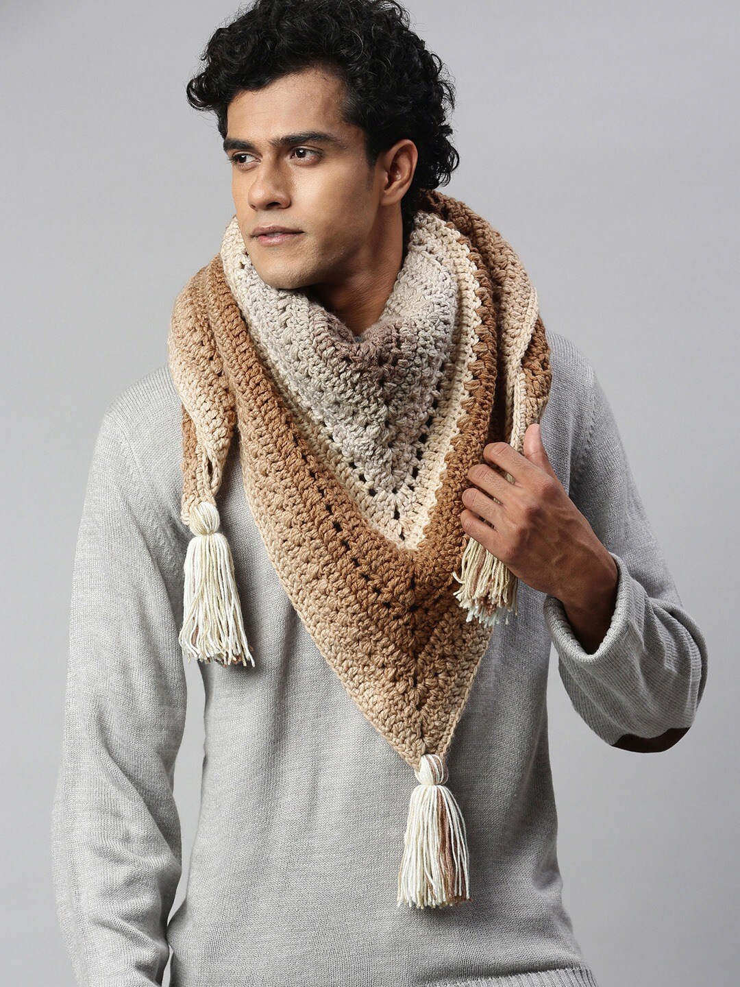 

Magic Needles Men Self Design Acrylic Scarf With Tassel, Brown