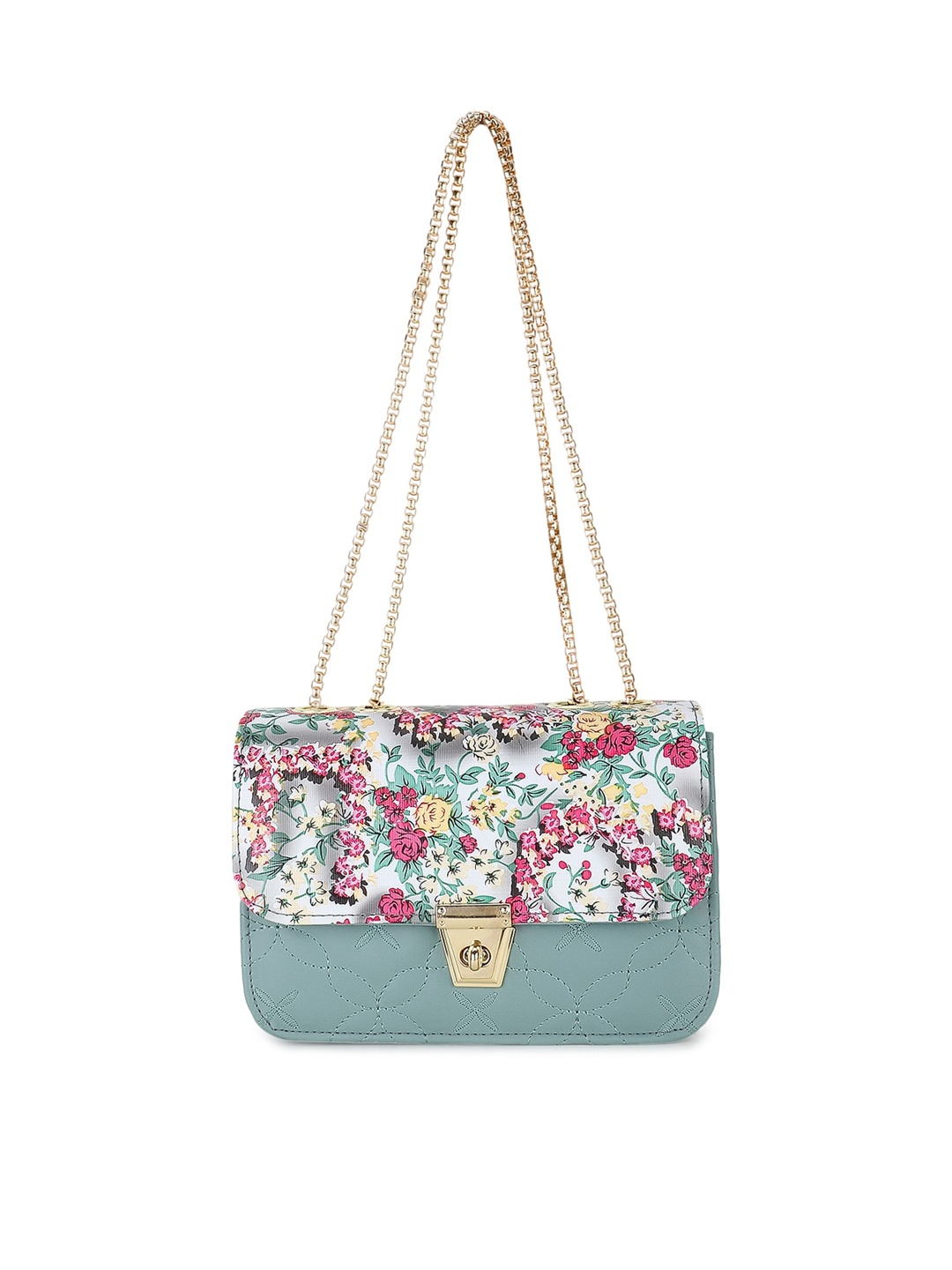 

SHINING STAR Floral Printed Oversized Structured Sling Bag With Quilted, Olive
