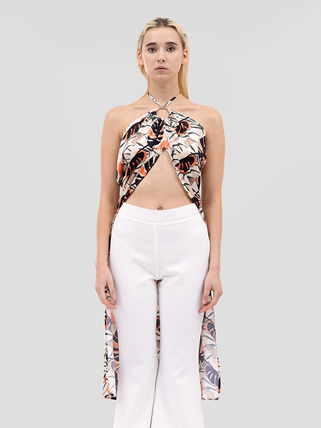 

Samshek Printed Halter Neck Crop Top, Beige
