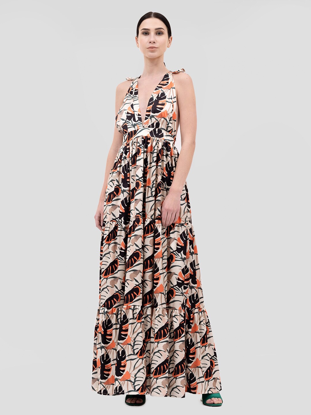 

Samshek Tropical Printed Tiered Fit & Flare Maxi Dress, Beige