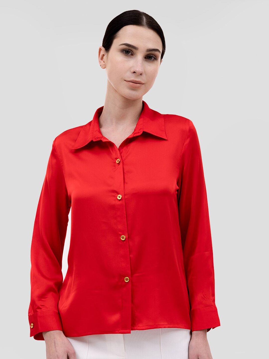 

Samshek New Spread Collar Long Sleeves Cotton Satin Formal Shirt, Red