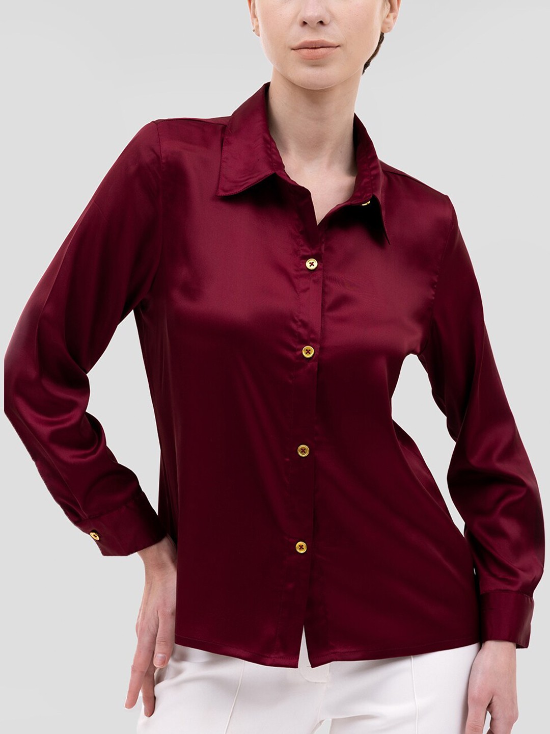 

Samshek Spread Collar Long Sleeves Casual Satin Shirt, Maroon