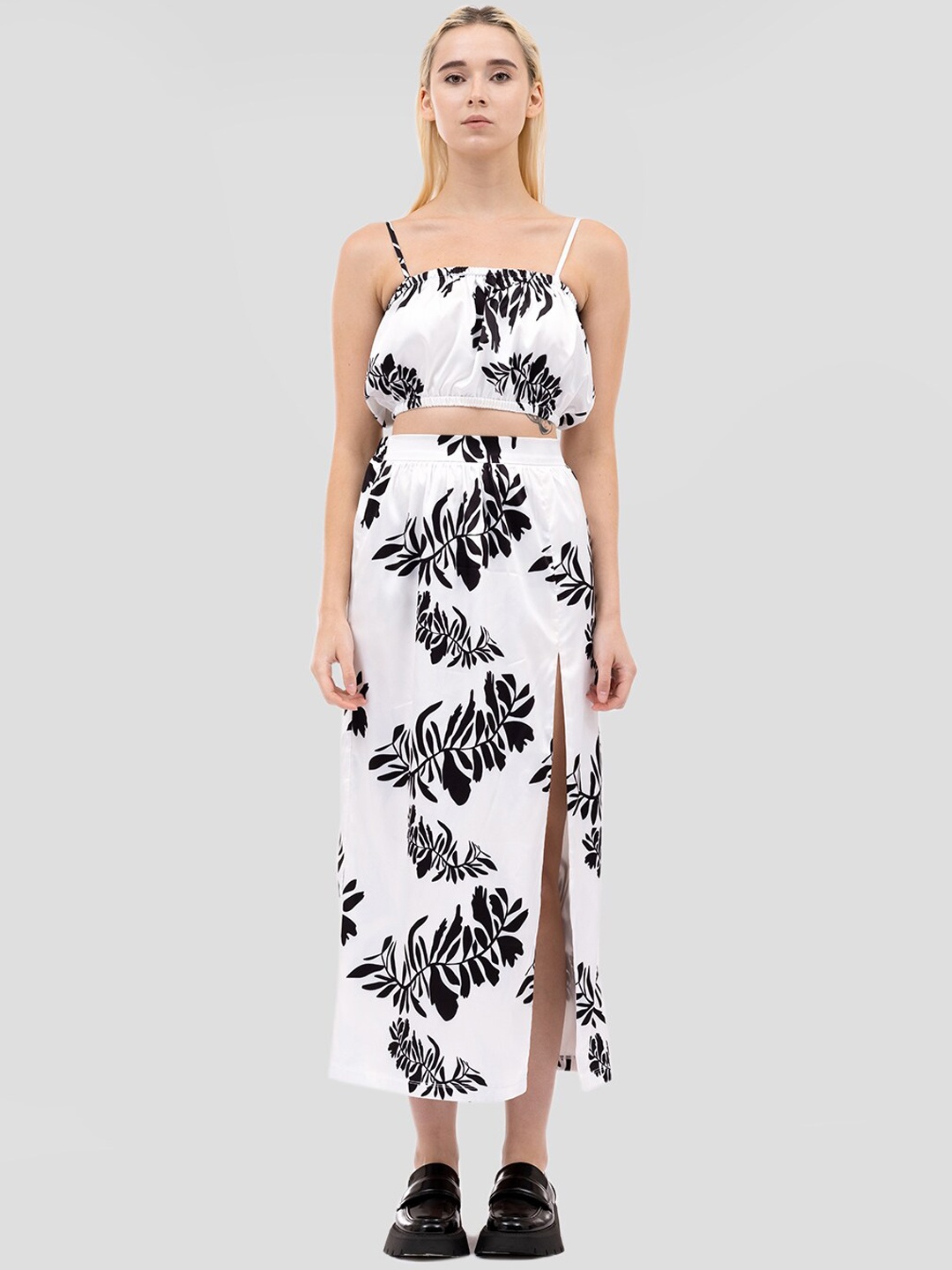 

Samshek Tropical Printed A-Line Side Slit Midi Skirts, White