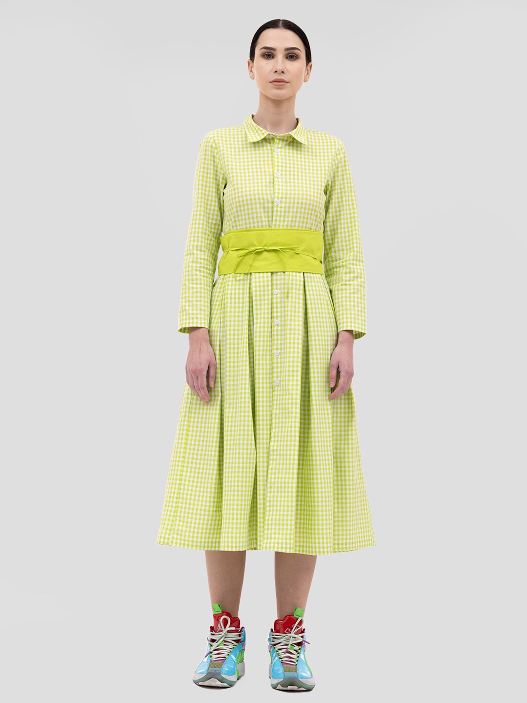 

Samshek Shirt Collar Checked Pleated Cotton Shirt Midi Dress With Belted, Green