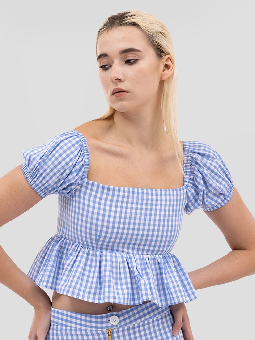 

Samshek Checked Puff Sleeve Cotton Peplum Crop Top, Blue