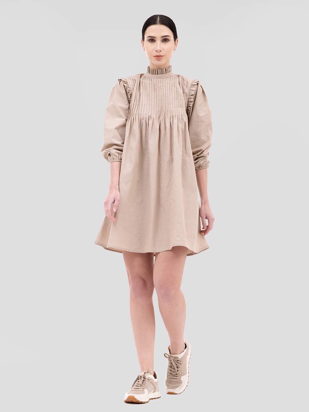 

Samshek Mock Neck Ruffled A-Line Dress, Beige