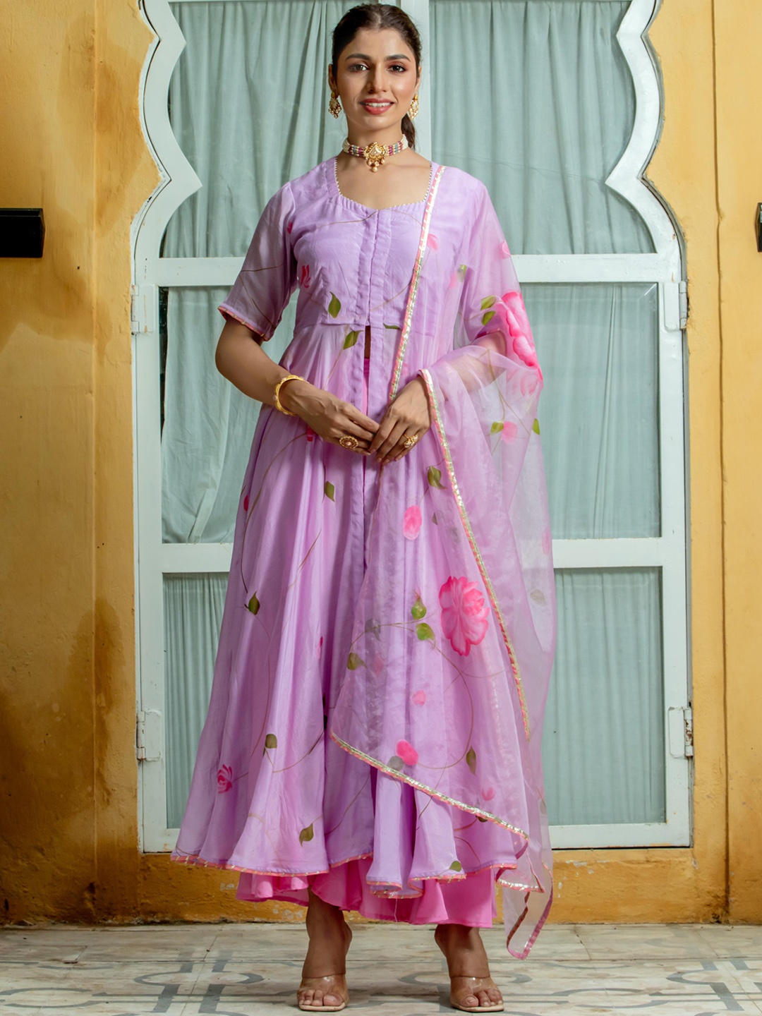 

Kohsh Floral Printed Square Neck Gotta Patti Anarkali Kurta With Palazzos & Dupatta, Lavender