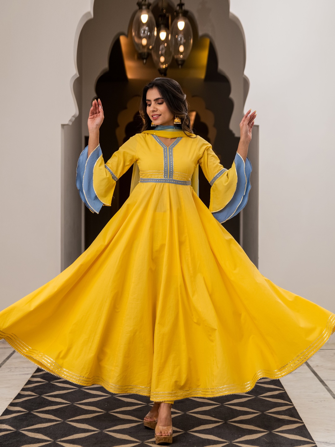 

Kohsh Bell Sleeves Gotta Patti Pure Cotton Kurta With Trousers & Dupatta, Yellow