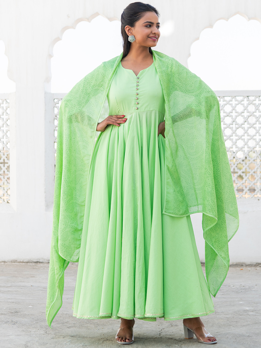

Kohsh Notched Neck Pure Cotton Anarkali Kurta With Trousers & Dupatta, Green