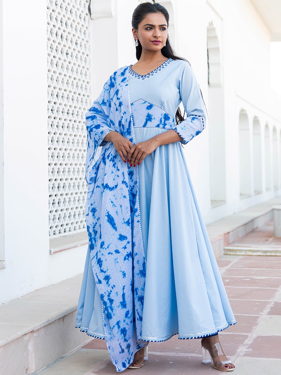 

Kohsh Yoke Design Gotta Patti Pure Cotton Anarkali Kurta With Trousers & Dupatta, Blue