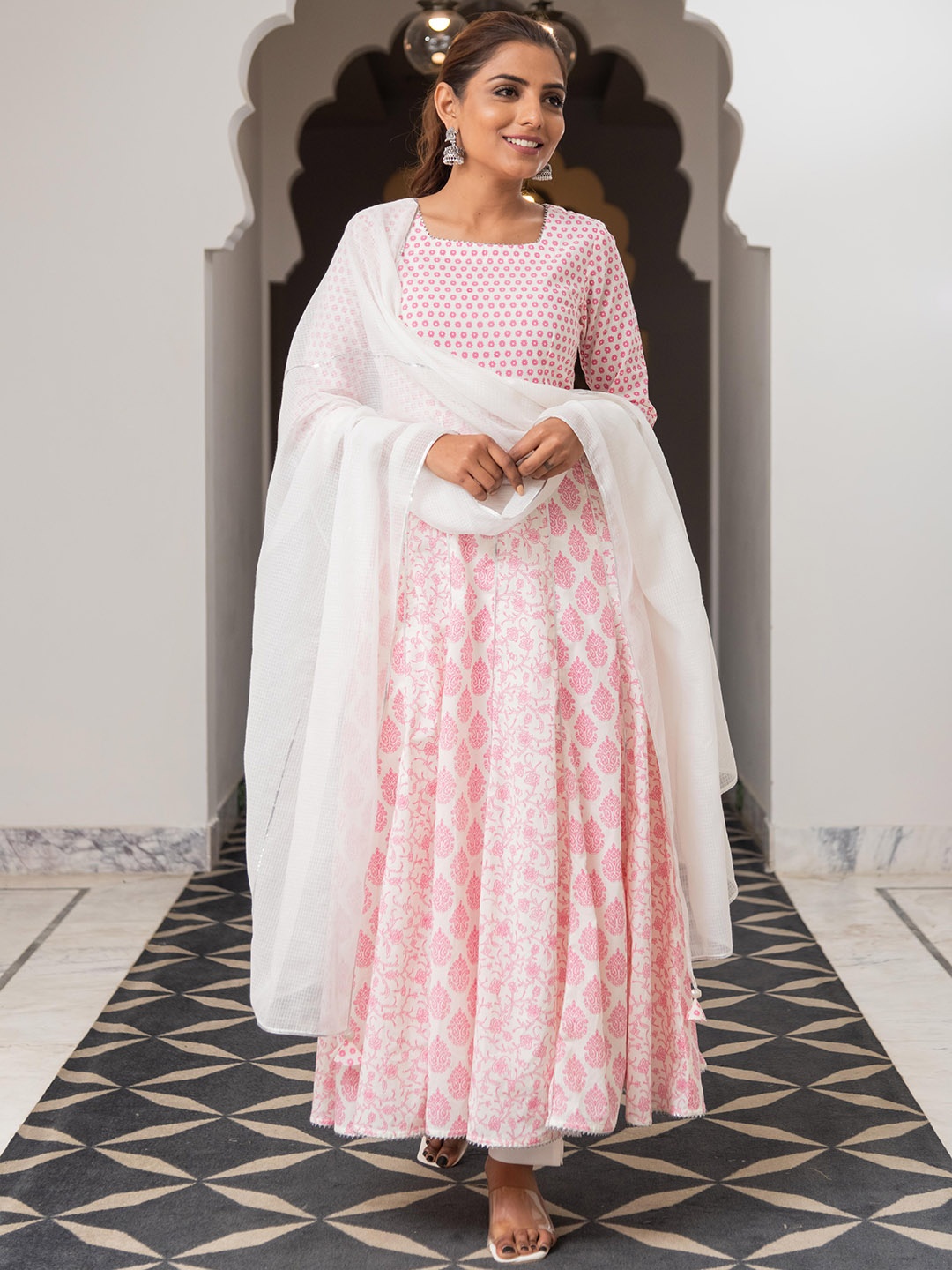 

Kohsh Ethnic Motifs Printed Square Neck Pure Cotton Anarkali Kurta With Trousers & Dupatta, White