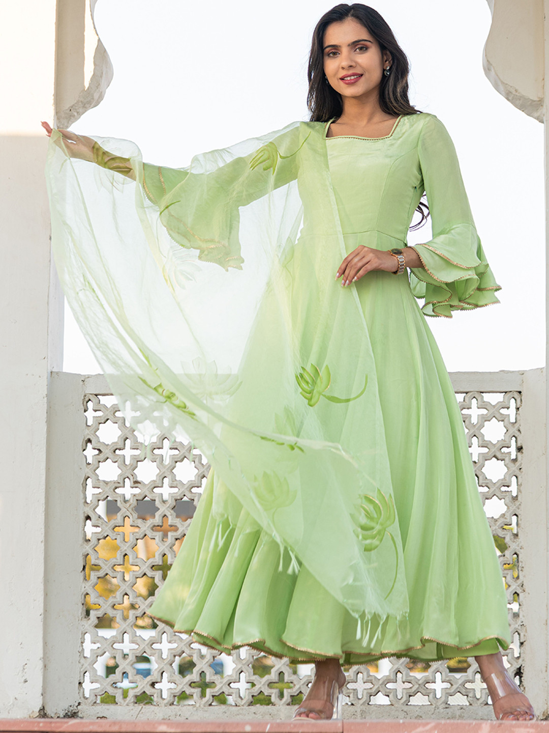 

Kohsh Square Neck Gotta Patti Anarkali Kurta With Trousers & Dupatta, Sea green