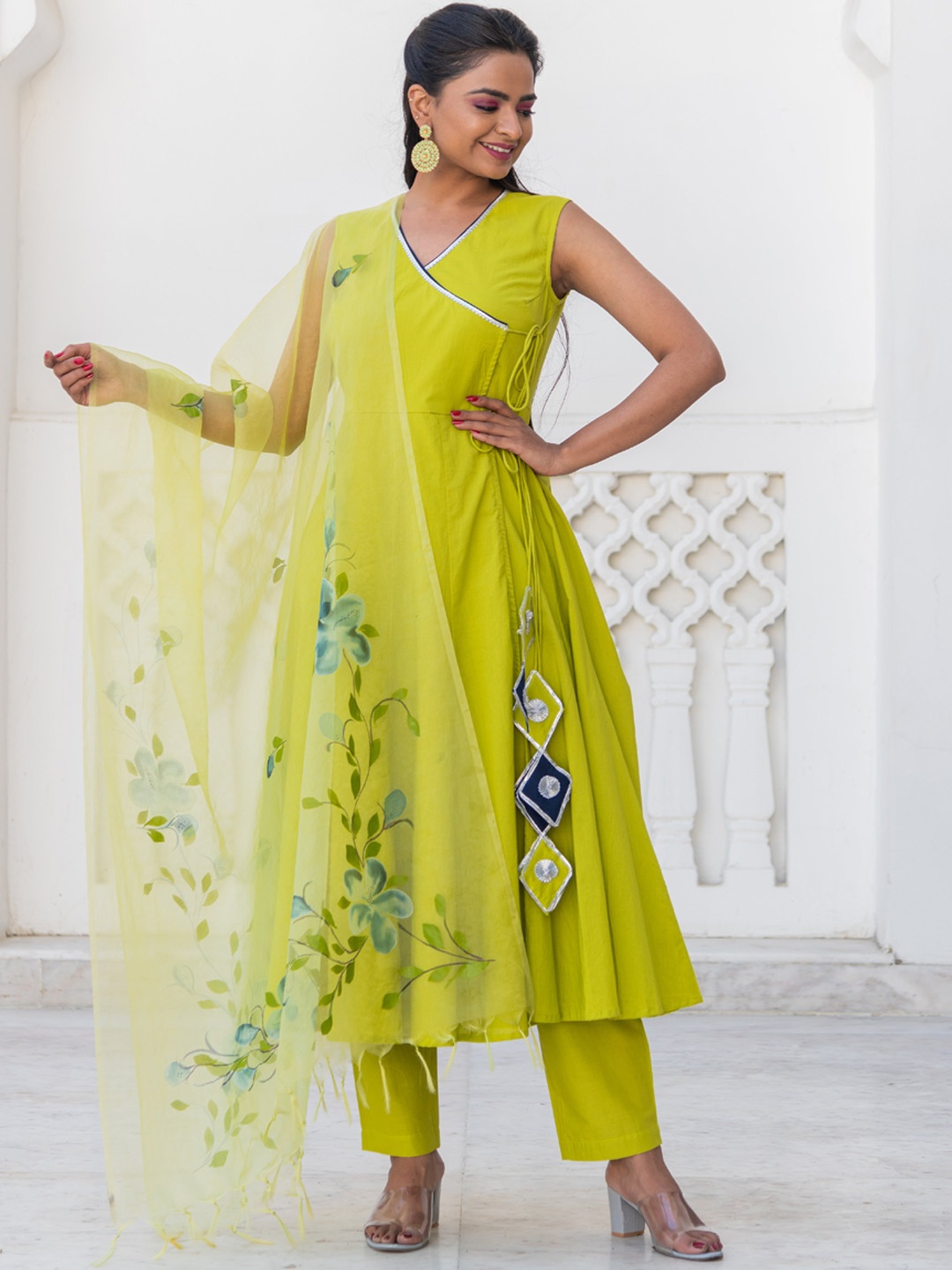 

Kohsh Gotta Patti Angrakha Pure Cotton Kurta With Trousers & Dupatta, Green