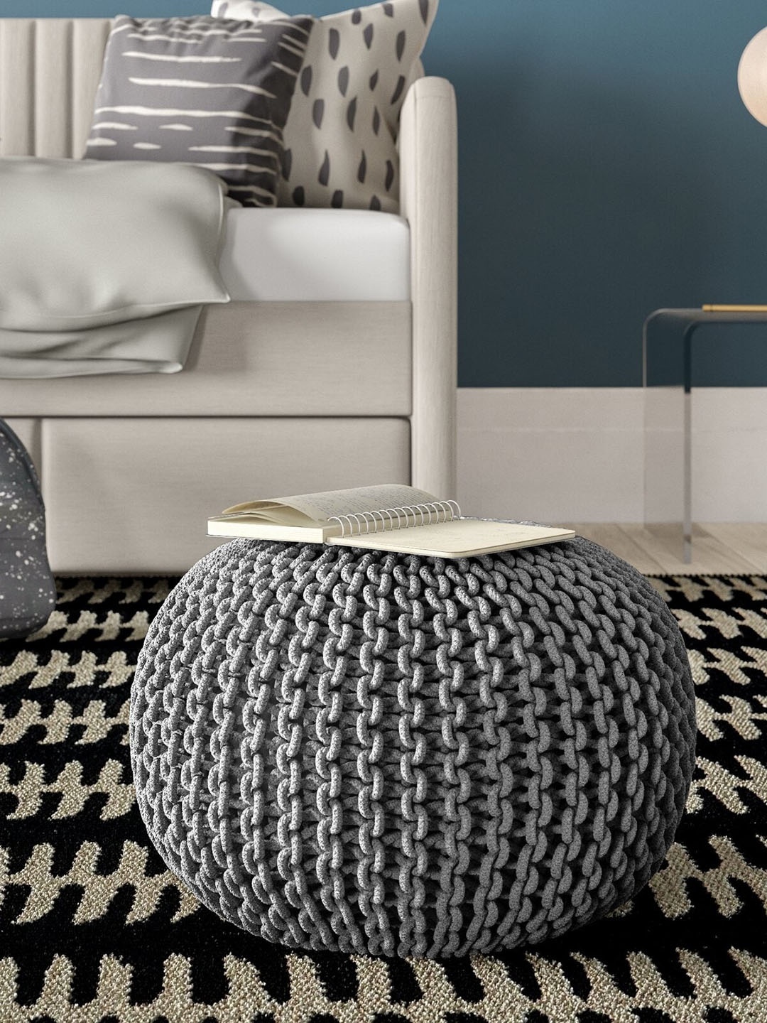 

RIANCE CREATIONS Grey Knitted Cotton Bamboo Ottoman