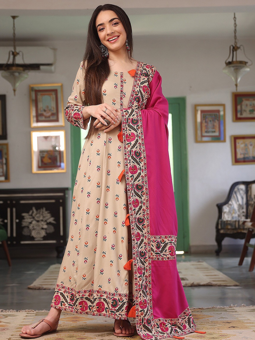 

Rustorange Floral Printed Kurta With Dupatta, Beige