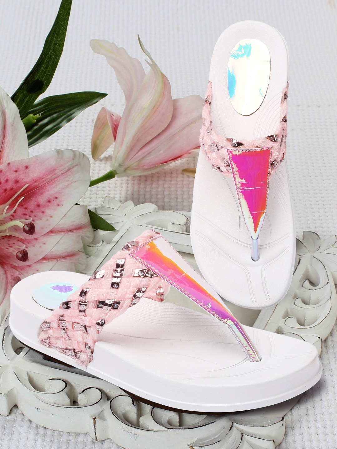 

FASHIMO Women Printed Open Toe T-Straps Flats, Pink