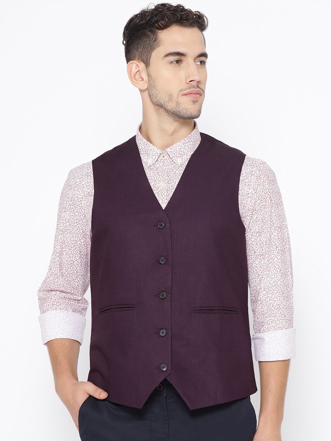 

Shaftesbury London Woven Design Slim Fit Waistcoat Nehru Jacket, Purple