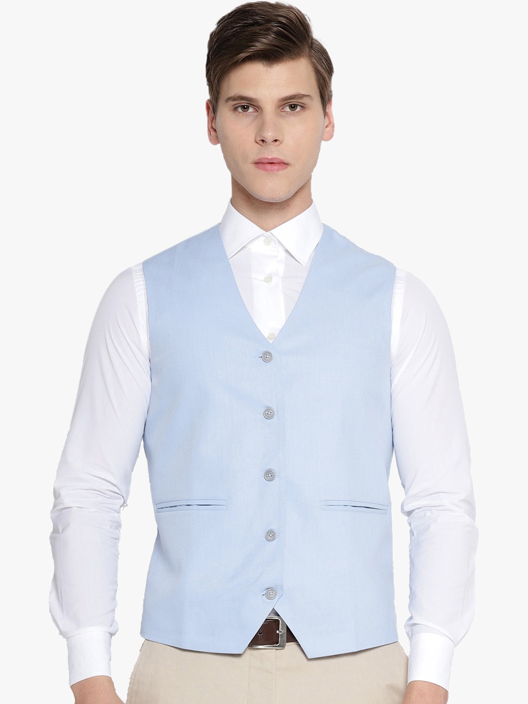 

Shaftesbury London Men Slim Fit Single-Breasted Waistcoat, Blue