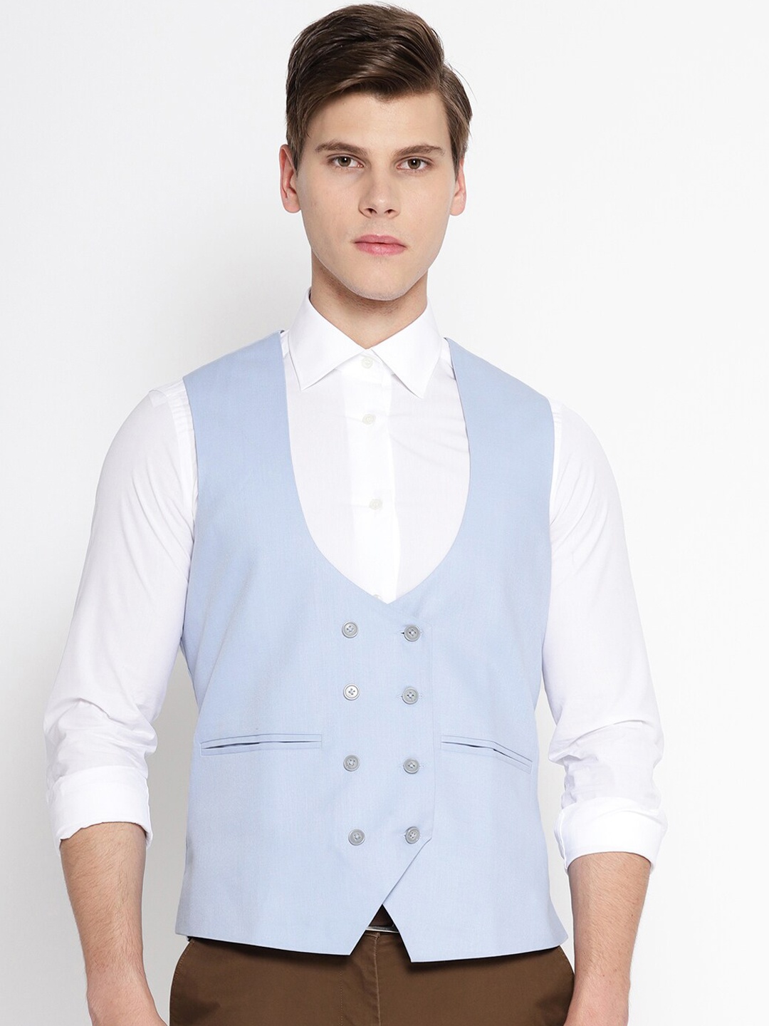 

Shaftesbury London Men Slim Fit Double-Breasted Waistcoat, Blue