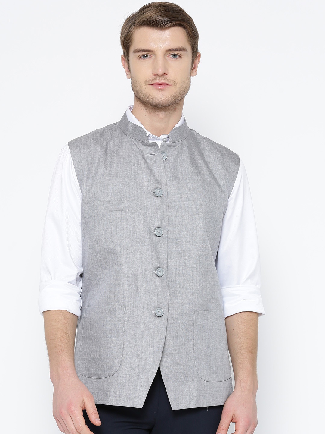 

Shaftesbury London Self Design Slim Fit Woven Nehru Jacket, Grey