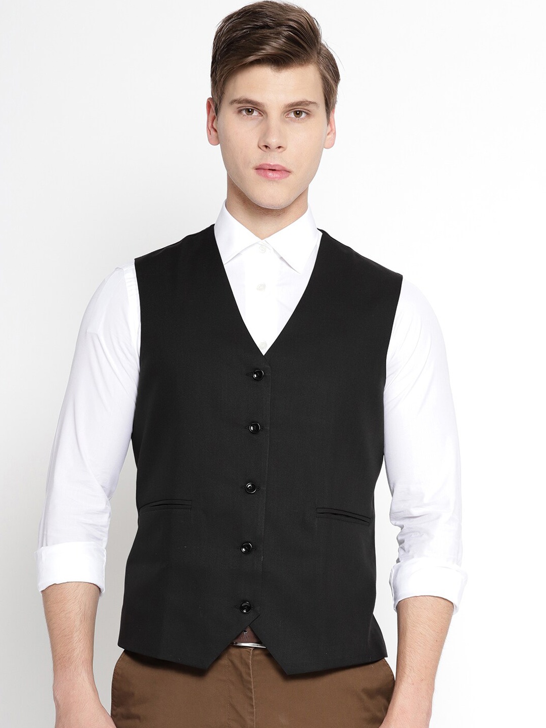 

Shaftesbury London Woven Design Slim Fit Waistcoat Nehru Jacket, Black