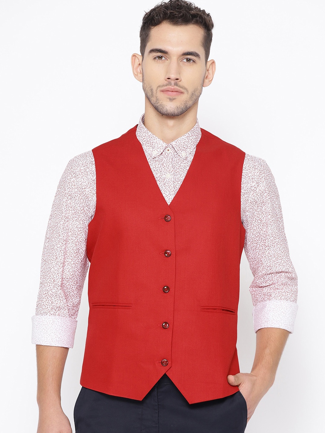 

Shaftesbury London Men Slim Fit Single Breasted Waistcoat, Red