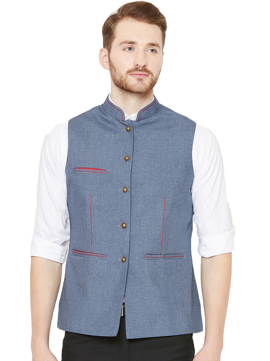 

Shaftesbury London Self Design Slim Fit Woven Nehru Jacket, Grey
