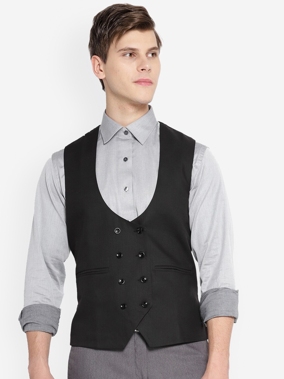 

Shaftesbury London Men Solid Slim Fit Double Breasted Waistcoat, Black