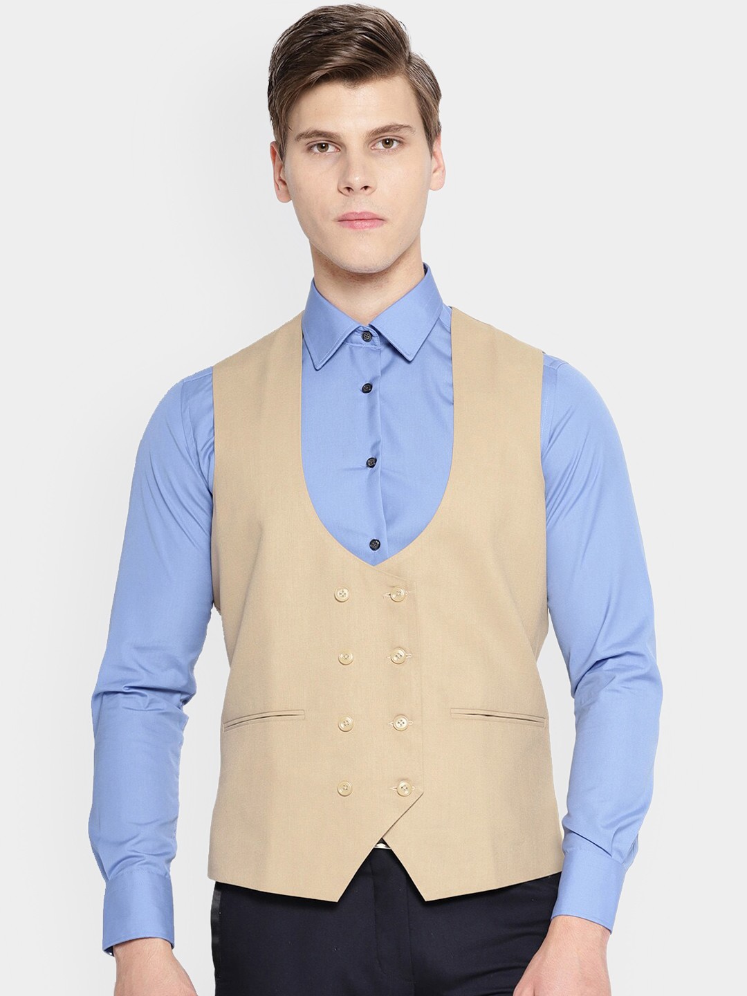 

Shaftesbury London Men Slim Fit Double Breasted Waistcoat, Beige