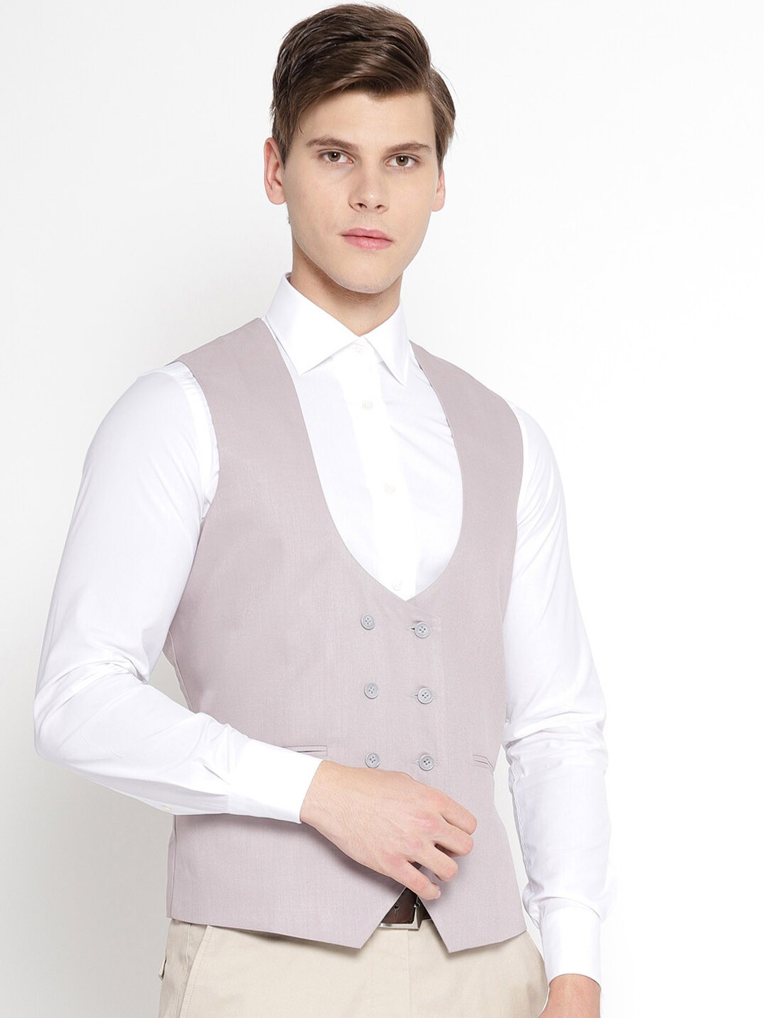 

Shaftesbury London Men Slim Fit Double Breasted Waistcoat, Grey