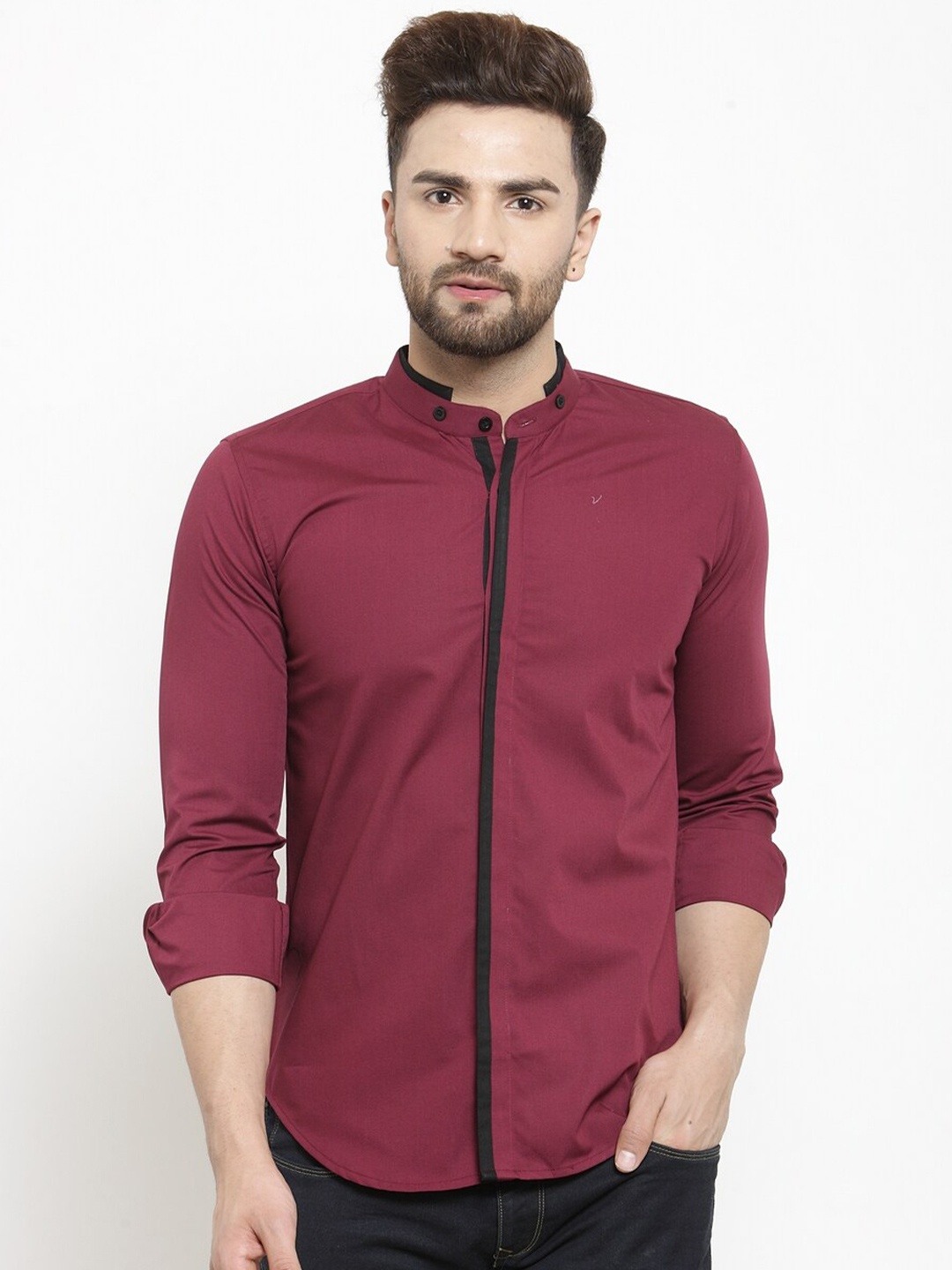 

WESTCLO Mandarin Collar Cotton Slim Fit Casual Shirt, Burgundy