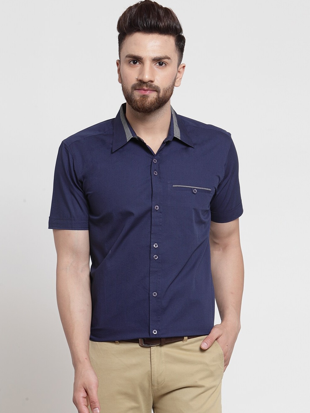 

WESTCLO Spread Collar Short Sleeves Cotton Slim Fit Formal Shirt, Navy blue