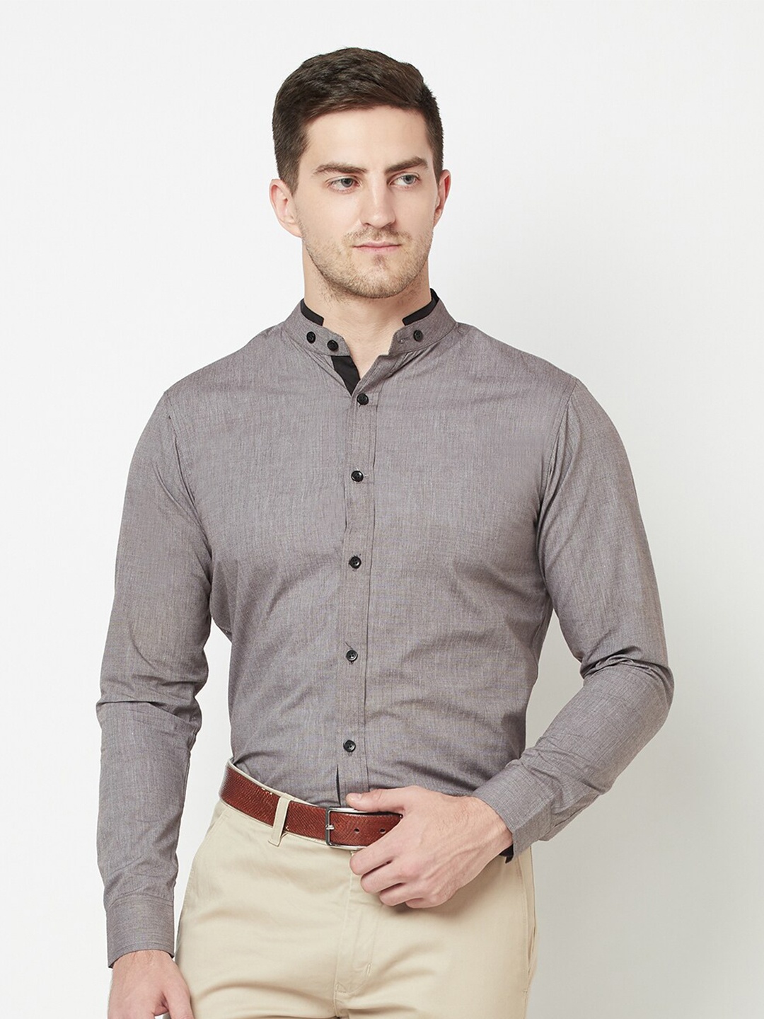 

WESTCLO Slim Fit Mandarin Collar Opaque Casual Cotton Shirt, Grey
